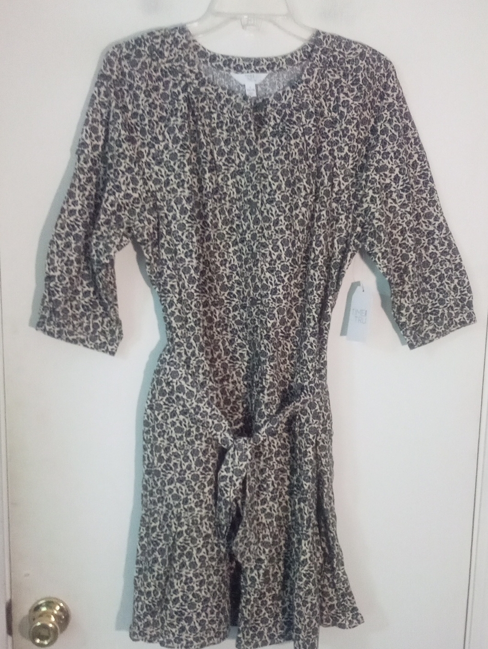 Time And Tru Floral Tie-Waist Dress in Black and Cream Large 12 14 NWT $30